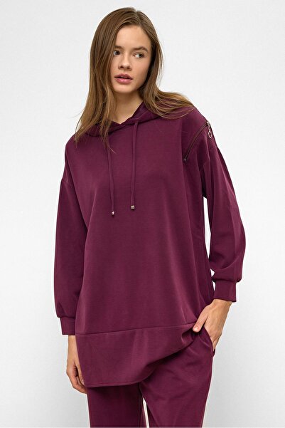 Olcay Hooded Zipper Accessory Sweat Pants Loose Modal Set Bordo 9382-Tk