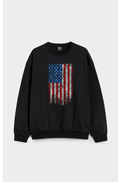 MODA سويت شيرت أسود كبير الحجم مطبوع عليه علم أمريكا بدون قلنسوة من القطن