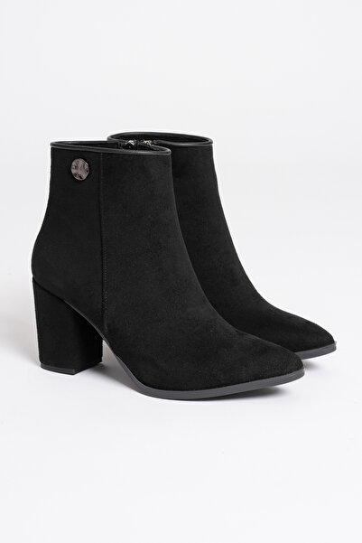 TOPUK Voly Siyah Süet Fermuarlı Sivri Burunlu Kalın Topuklu Bot