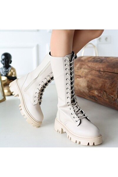 FRESCO SCARFS Fresco Scafrs Beige Leather Lace-Up Boots 256023