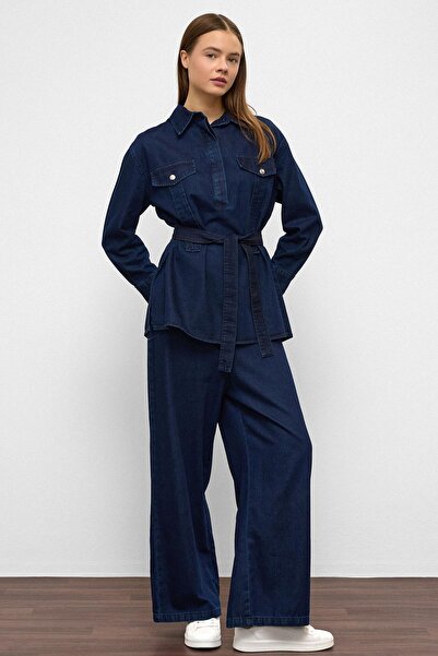 Olcay Παντελόνι με φαρδύ πόδι Τζιν Σετ δύο τεμαχίων ΣΚΟΥΡΟ ΜΠΛΕ 9379-TK