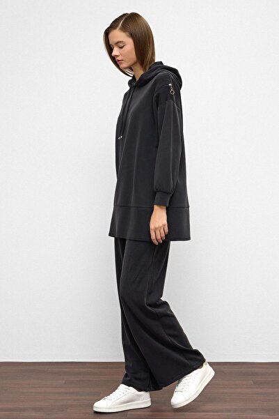 Olcay Hooded Zipper Accessory Sweat Pants Loose Modal Set Black 9382-Tk