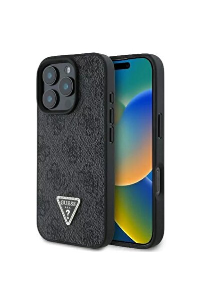 Guess Husă iPhone 16 Pro Max, piele 4G cu strasuri triunghiulare, neagră