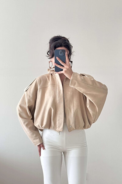 Eka Jachetă bomber din piele de căprioară bej pentru femei 1045-85152