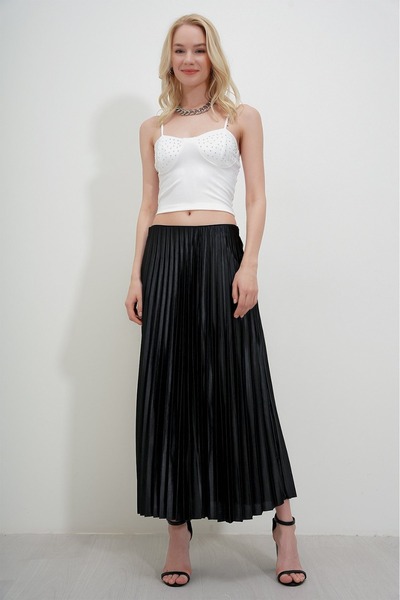 JESSE STORY Women's Leather Look Pleated Skirt 88 cm