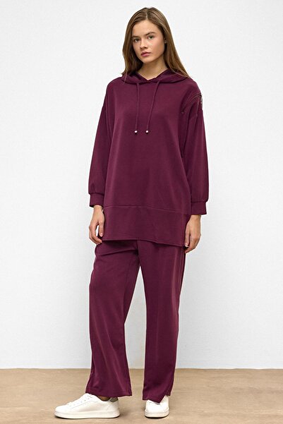 Olcay Hooded Zipper Accessory Sweat Pants Loose Modal Set Bordo 9382-Tk