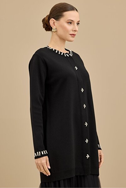 Tığ Triko Yakası Ve Önü Taşlı Rayon Ceket SİYAH