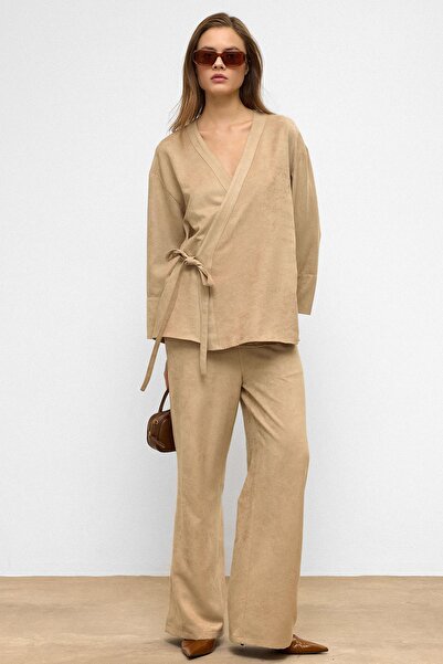 Olcay Tie-Front Suede Look Kimono Double Set Stone 9366-Tk