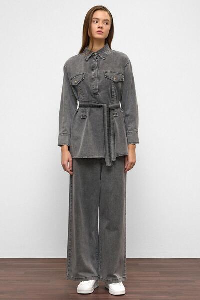 Olcay Wide Leg Trousers Denim Two-Piece Set Anthracite 9379-Tk