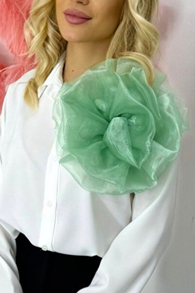 FashionForYou Camasa office Alizee, cu accesoriu floral din organza, AlbVerde