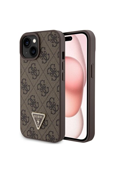 Guess Case for iPhone 15, Leather 4G Triangle Strass, Brown