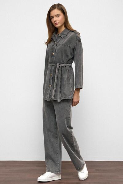 Olcay Tunic Pants Denim Suit with Epaulet Detail Anthracite 9381-Tk
