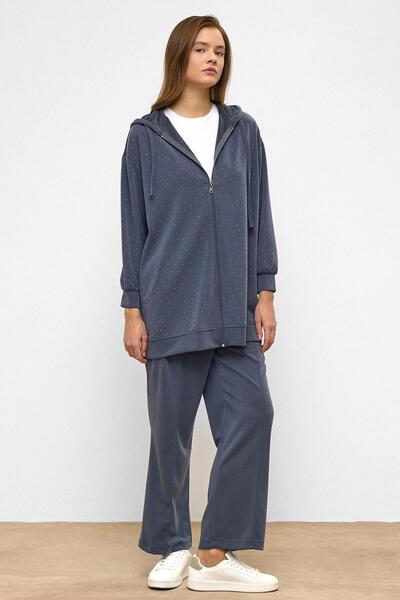 Olcay Hooded Zippered Stone Fabric Premium Fabric Sweat Pants Set Indigo 9371-Tk