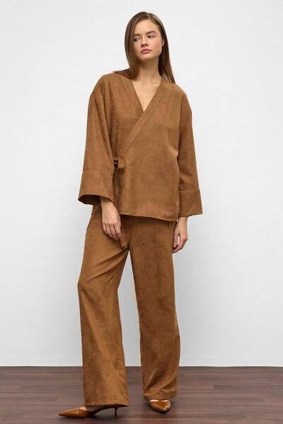 Olcay Front-Tied Suede-Like Kimono Double Set Kamel 9366-Tk