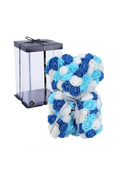 velve Ursulet Floral Triple color din Trandafiri spuma in cutie cadou, 25 cm, blue-albastru-alb