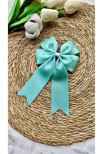 kombin takı Su Yeşili Çiçek Desen Kuyruklu Kadın- Kız Çocuk Tokası 12cm x 15 cm