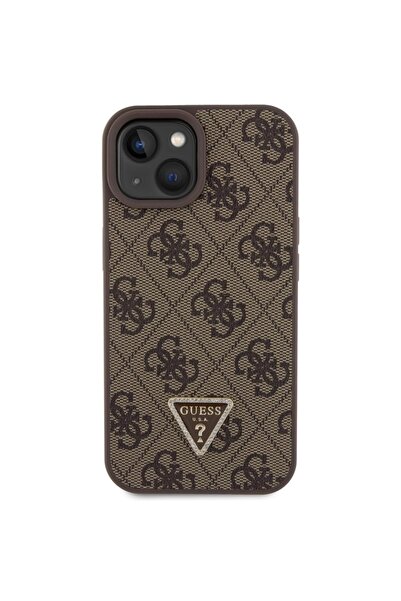 Guess Case for iPhone 15, Leather 4G Triangle Strass, Brown