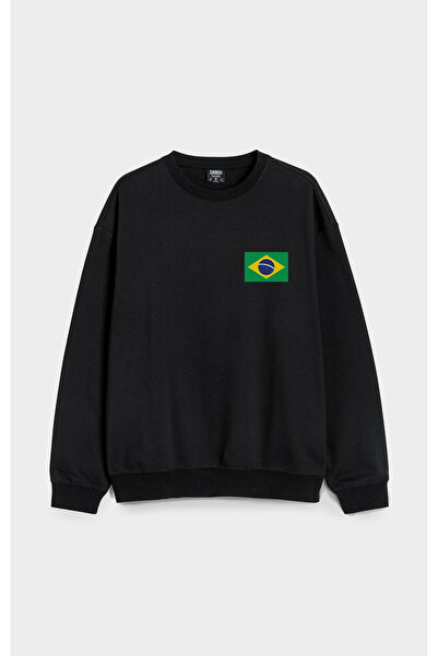 MODA سويت شيرت أسود كبير الحجم مصنوع من القطن بدون قلنسوة مطبوع عليه علم البرازيل