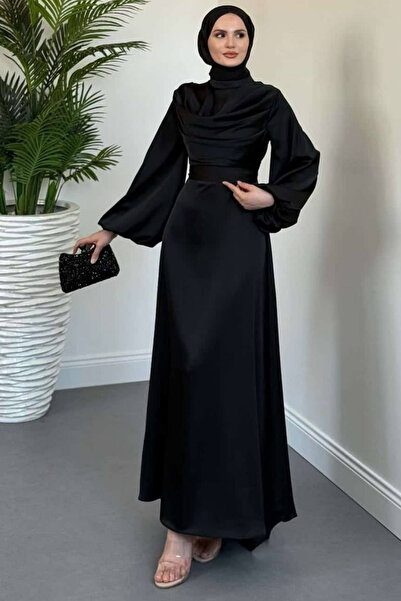 Tesettür Diyarı Kadın Degaje Yaka Kuyruklu Saten Kumaş Tesettür Abiye