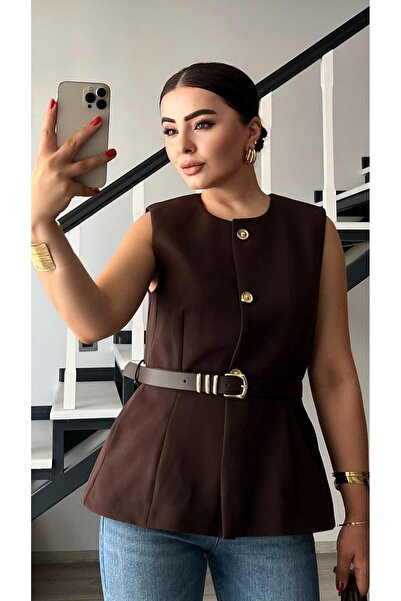 Oslove Coffee Belted Gold Button Double Crepe Vest