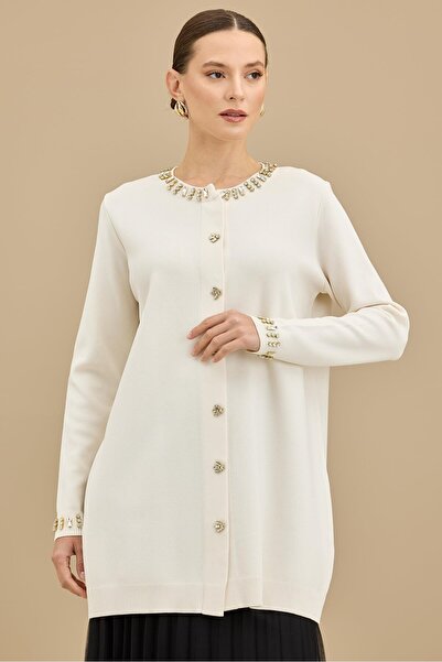 Tığ Triko Yakası Ve Önü Taşlı Rayon Ceket VANİLYA