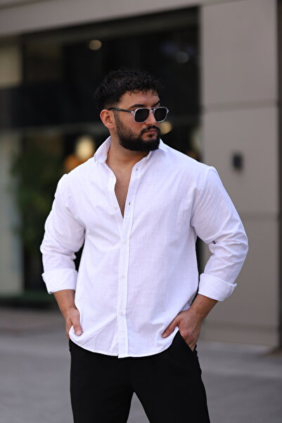 Bürke Ανδρικό πουκάμισο με μακρυμάνικο λευκό χρώμα με υφή λινό Flam