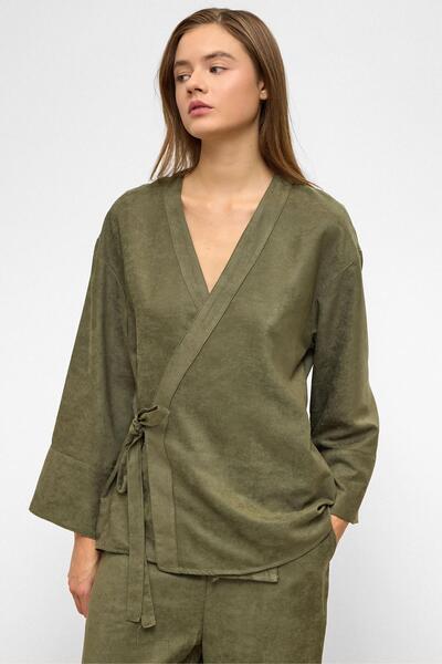 Olcay Kimono-Doppelset mit Schnürung vorne in Wildlederoptik, KHAKI 9366-TK
