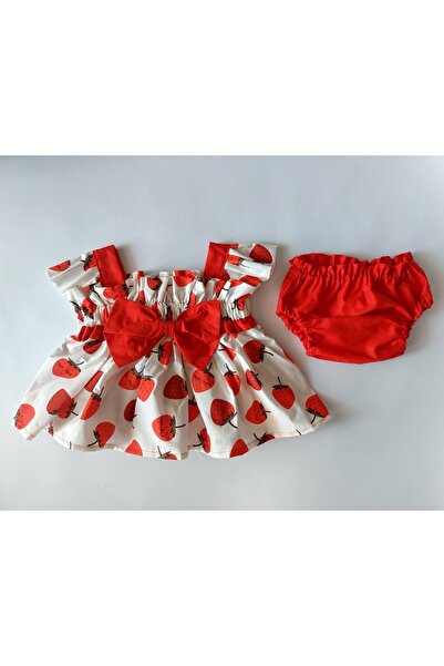 Justime Çilek Desenli Bebek Elbise & Külot Takım-0-9 Ay - Kırmızı & Beyaz
