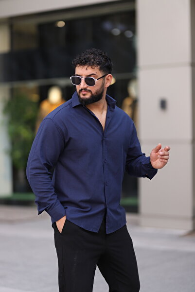 Bürke Flam Linen Textured Long Sleeve Navy Blue Color Half Oversize Men's Shirt