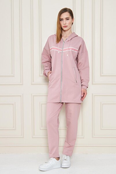 TRENDHİLL Women's Cotton Full Zip Hooded Long Tunic Tracksuit Set Pink 5556-P