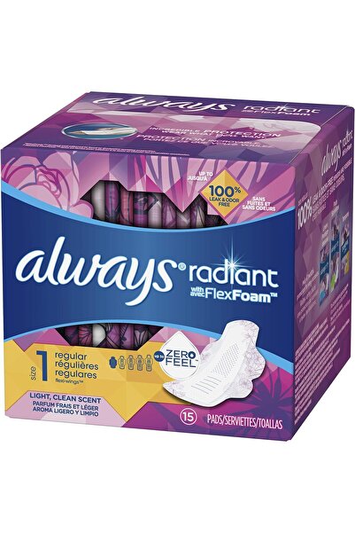 Always Radiant Pads with Wings, Regular Absorbency, Scented, 15 Count – Soft, Comfortable, Leak Protection