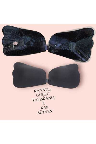 Mutkin Yapışkanlı Sütyen, Görünmez Askısız ve Sırtsız -Dikişsiz Sütyen, Etkili önden Klipsli-C BEDEN-SİYAH