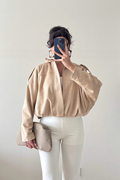 Eka Jachetă bomber din piele de căprioară bej pentru femei 1045-85152