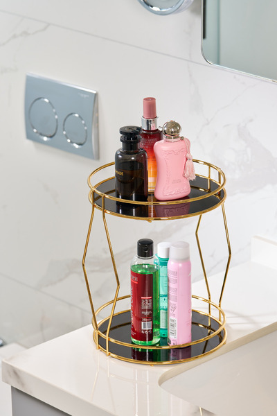 Edora Home منظم أنيق للحمام ذو طبقتين ذهبي اللون للعطور والمجوهرات ومستحضرات التجميل، مع زجاج بليكسي