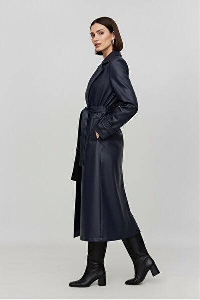 Güler Casual Kadın Kuşaklı Astarlı Cepli Uzun Deri Trençkot Lacivert