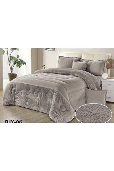 Mon Bedding Set Winter Double Size 6 Pieces Velvet and Fur Design Quilt 240x220 cm