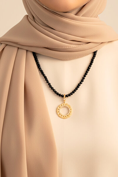 TwinsCollection Çeyrekli Altın Uyumlu 6mm Siyah Boncuk Kolye - Altın Takılan Kolye