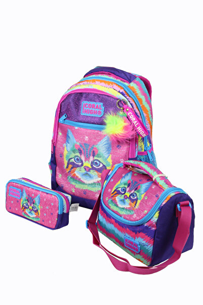 Coral High Ch 23477 Colorful Cat - 3-Piece School Bag Set - Backpack and Lunch Bag + Pencil Case