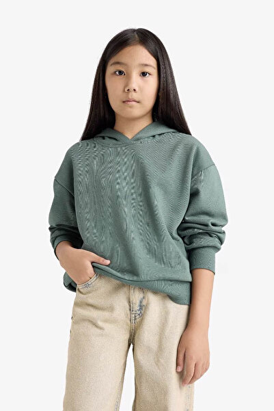 DeFacto Relax Fit Hooded Basic Plain Green Girls' Sweatshirt F0008A8/Gn470