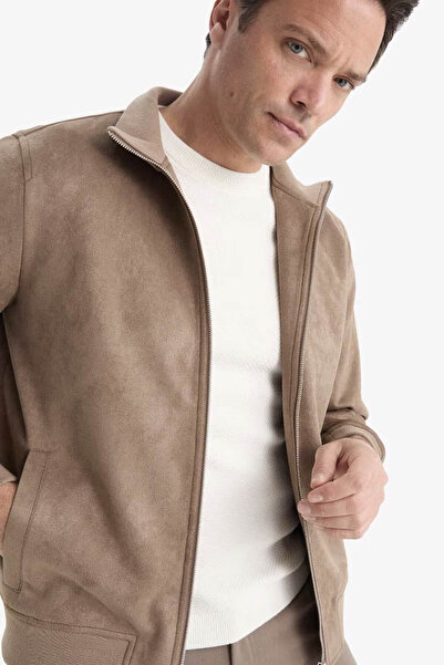 DeFacto Slim Fit Lined Suede Transitional Spring Brown Men's Coat D1524Ax/Bn267