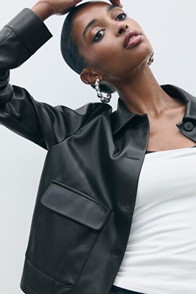 Stradivarius Leather effect shirt with pockets