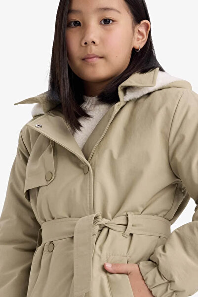 DeFacto Waterproof Waist Belted Fur Lined Long Green Girls' Raincoat & Windbreaker C5230A8/Gn7