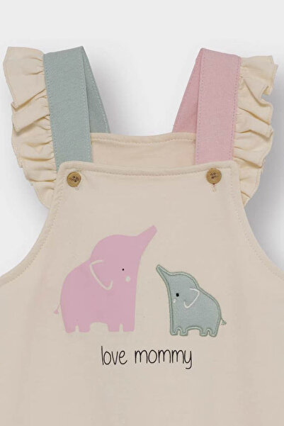 DeFacto 2-Piece Dinosaur Printed Salopet Jumpsuit Ecru Baby Girl Top and Bottom Set F2188A5/Er233