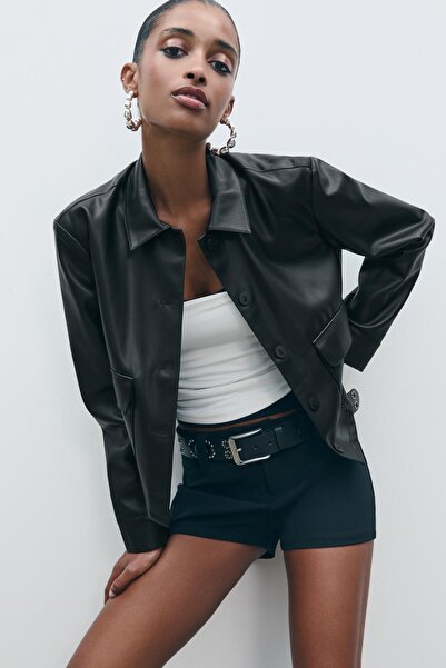 Stradivarius Leather effect shirt with pockets