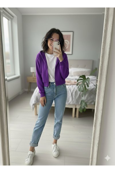 Ceylen Crop Kapşonlu ve Fermuarlı Kadın 3 iplik Sweatshirt