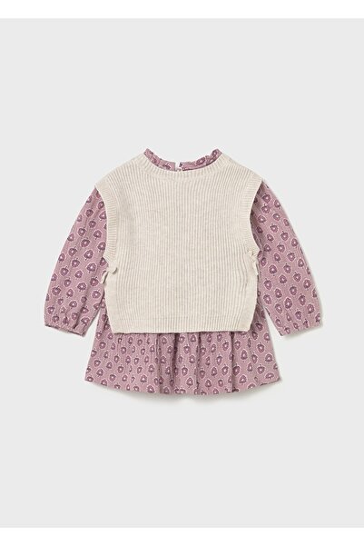 MAYORAL Kız Bebek 2’li Takım (1-4 Yaş) – Çiçek Desenli Pembe Elbise ve Bej Örme Yelek