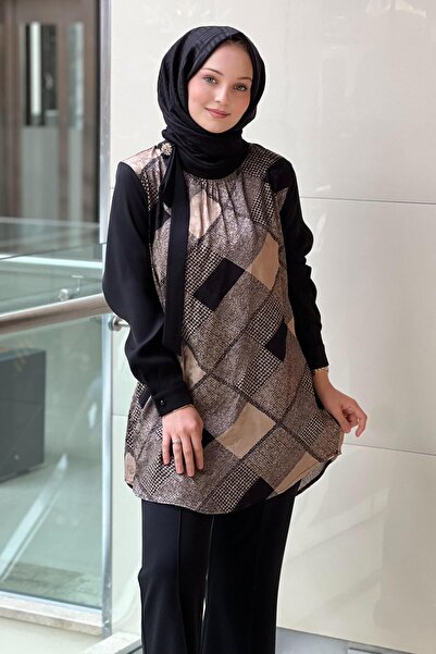 FUAT GÜRSEN Fuat Gürşen Plaid Patterned Tunic with Stone Brooch on the Collar