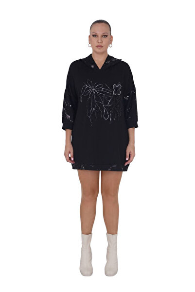 Darkmen تونيك نسائي كبير الحجم بغطاء للرأس ونقشة زهور وأكمام طويلة