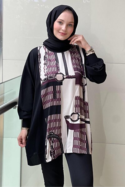 Ghisa Satin Knitwear Combined Patterned Tunic