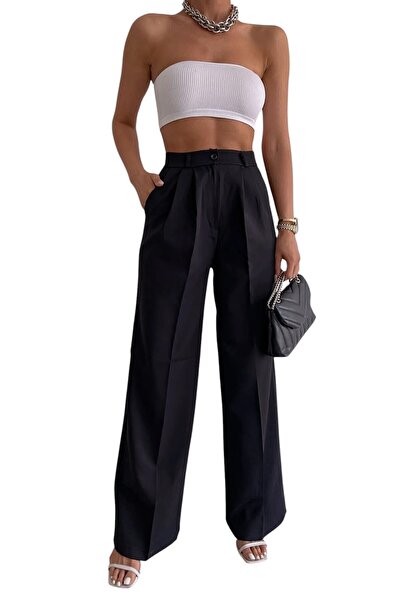 byhaziran butik Sylvia Women's High Waist Palazzo Pleated Black Fabric